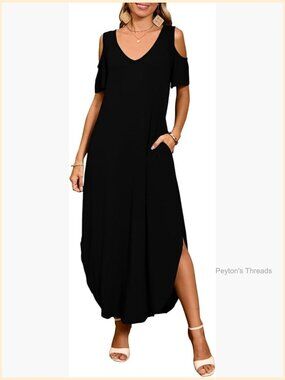 Plus Size Maxi Dress V Neck Cold Shoulder Side Split Pockets Beach Sundress